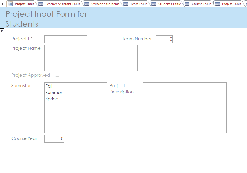 Project Input Form for Students